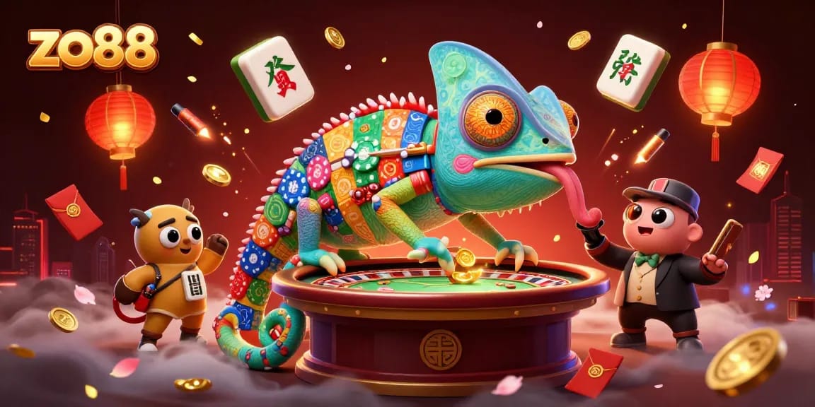 Play thrilling games at zo88, where a colorful chameleon casino owner oversees exciting casino activities.