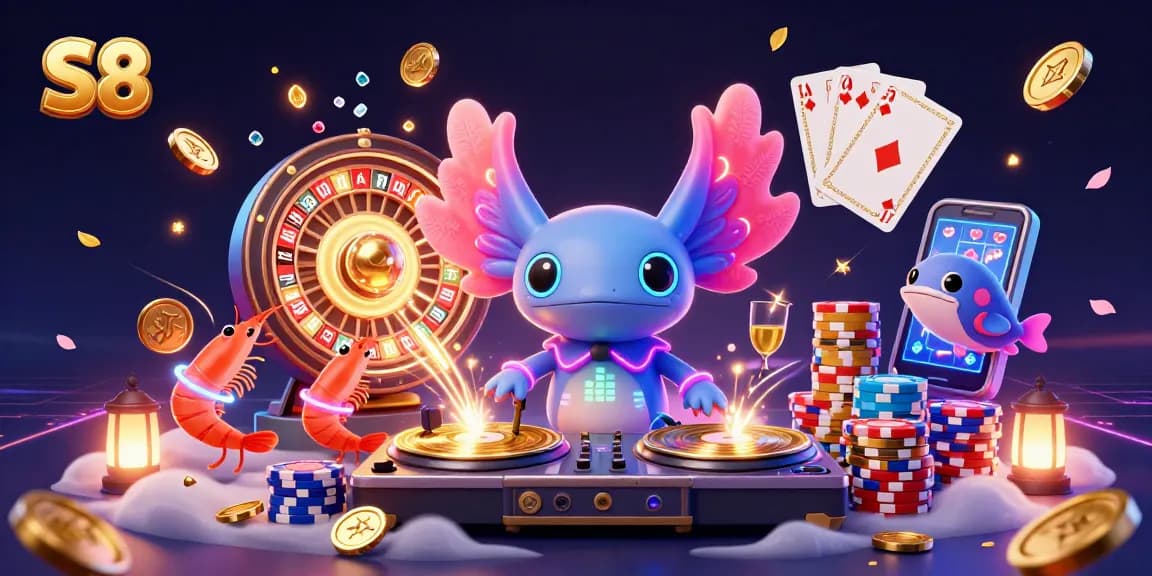 Experience the thrill of S8 with vibrant characters celebrating casino wins and spinning fortunes.