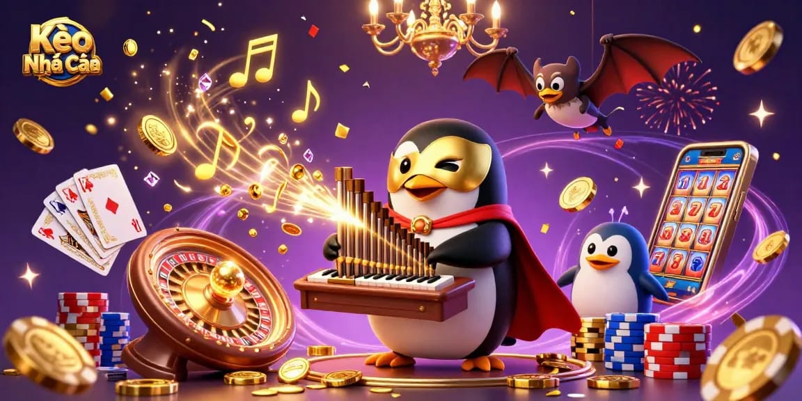 Experience exciting gaming action with Kèo Nhà Cái amidst bouncing golden coins and bat acrobats.