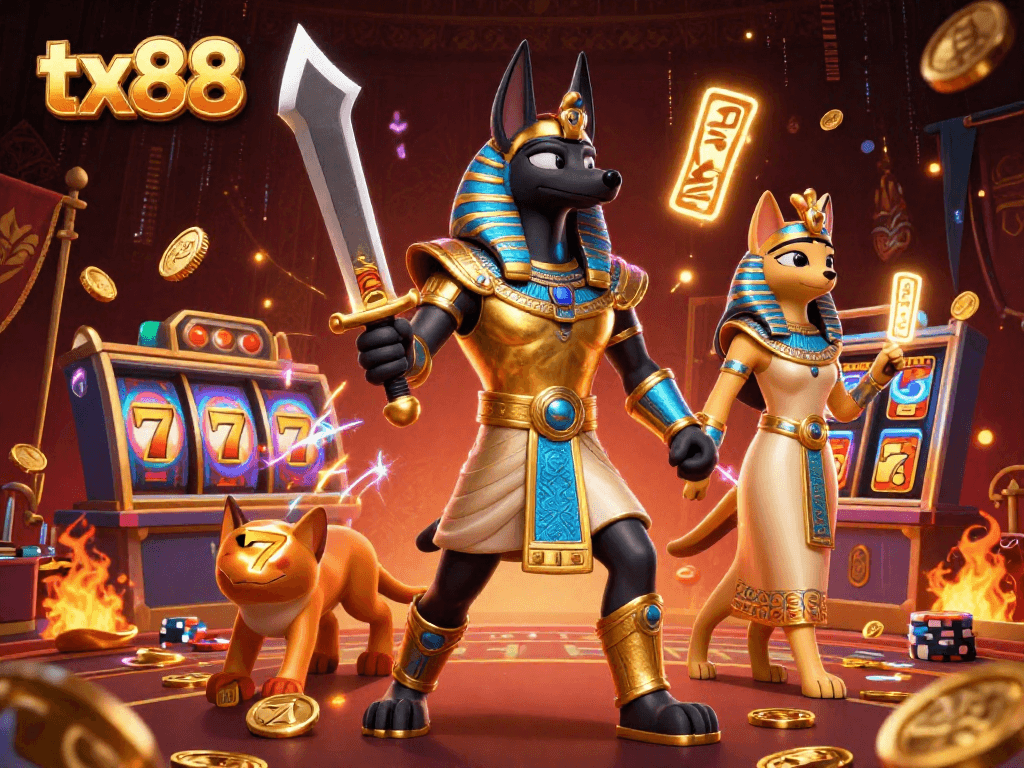 Experience vibrant action at tx88 with Anubis and Bastet in a dynamic casino scene.
