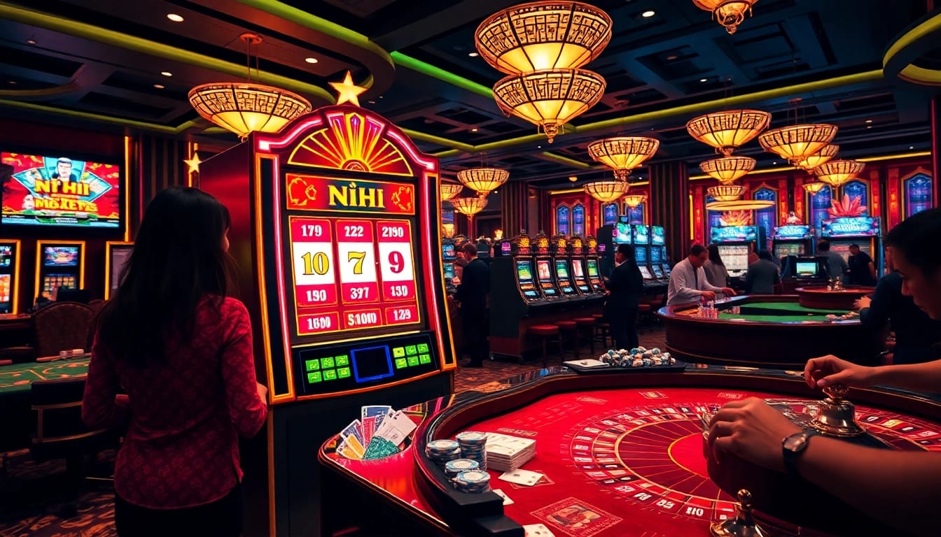 Nổ Hũ slot machine lighting up a vibrant casino floor with eager players and rich decor.