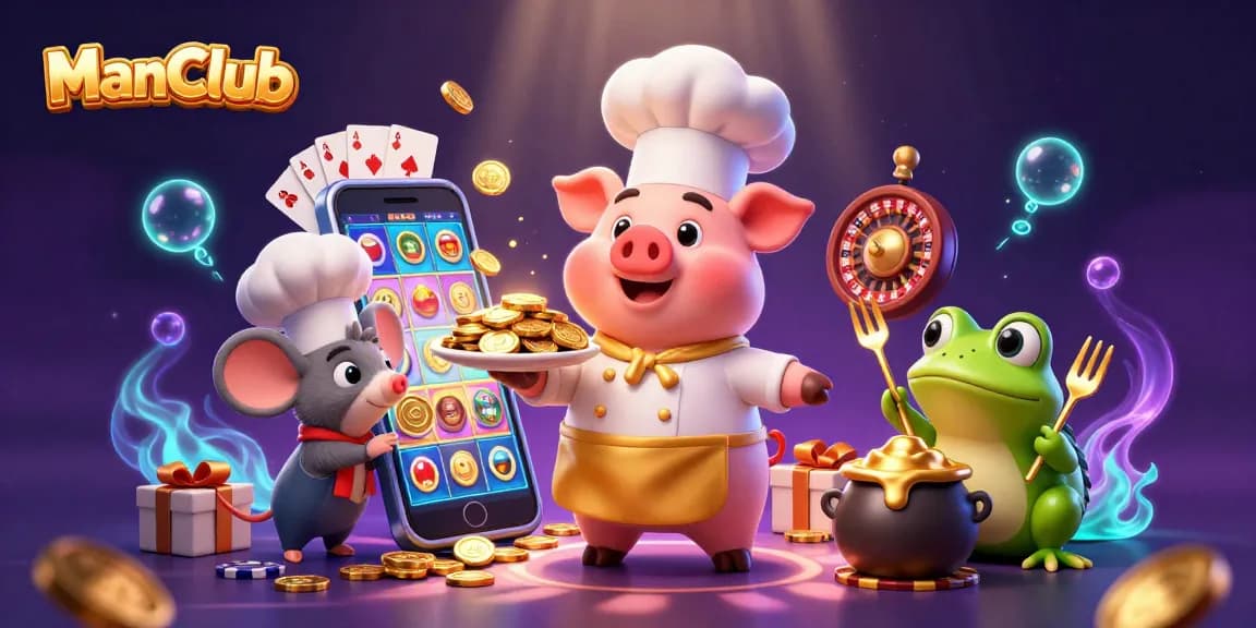 Engage with ManClub's thrilling gaming experience featuring lively characters and vibrant casino elements.
