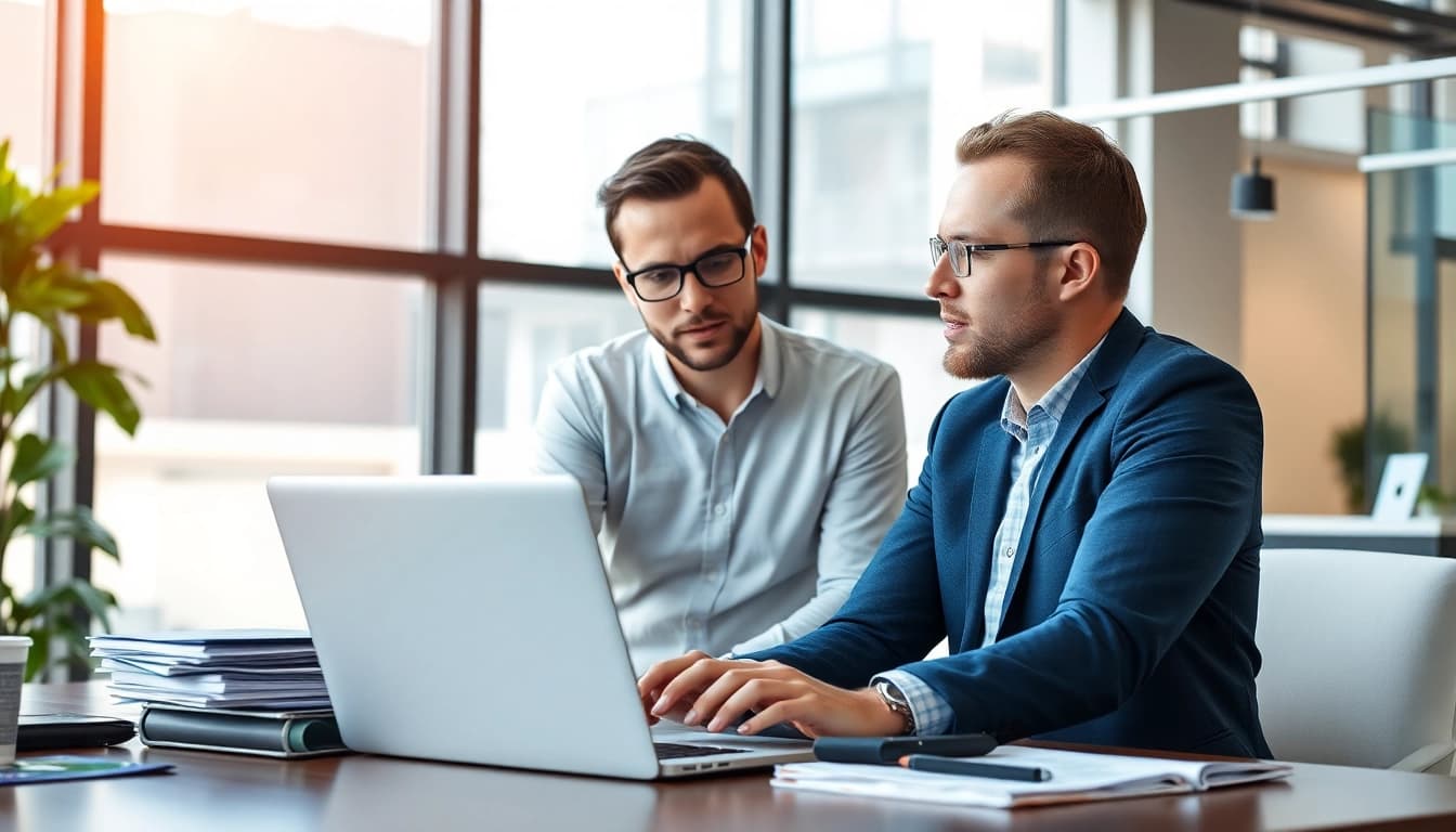 Headhunter IT berät Kandidaten in einem modernen Büro voller Technologie und Energie.
