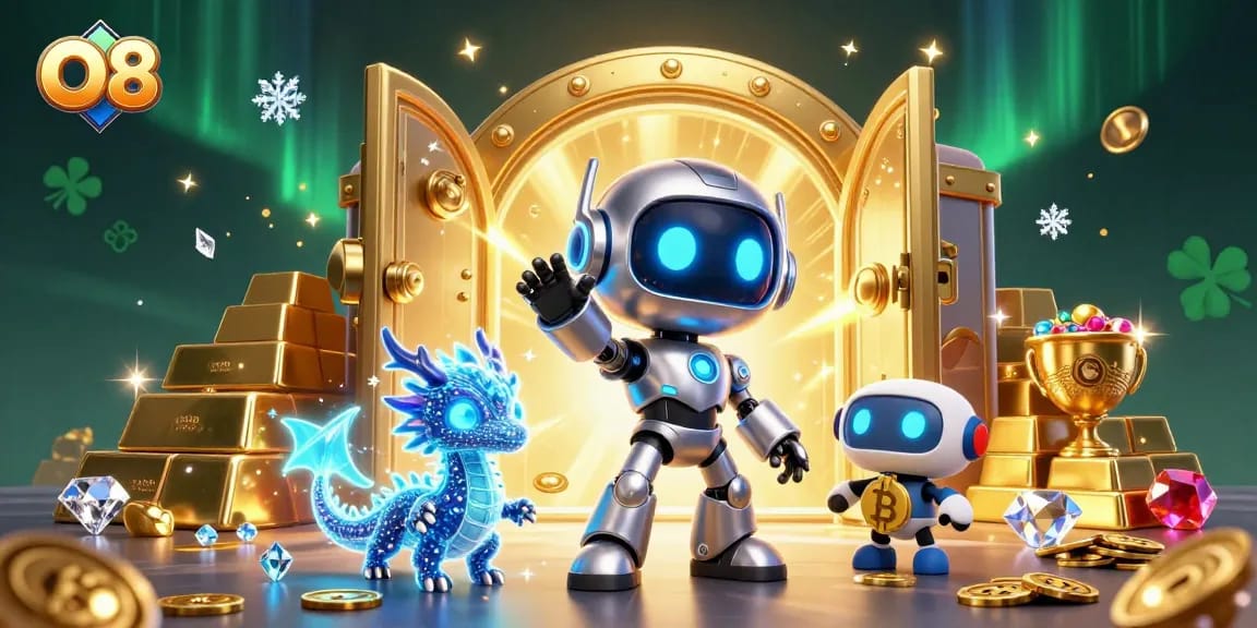 O8 showcases unique casino experience with a cyberpunk robot, treasures, and Bitcoin symbols.