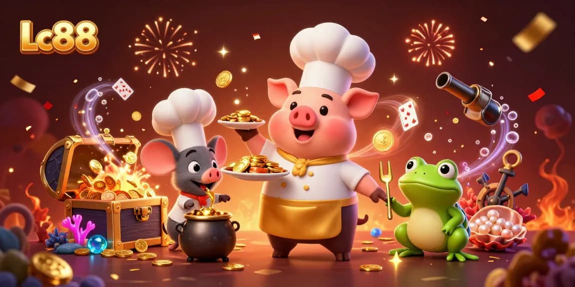 Lc88 brings excitement in this festive casino-themed 3D illustration with gold coins, lively characters, and dynamic game elements.