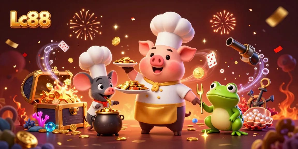 Lc88 brings excitement in this festive casino-themed 3D illustration with gold coins, lively characters, and dynamic game elements.