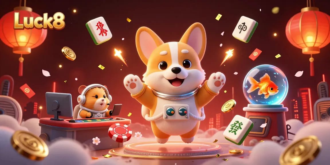 Experience big wins with Luck8 in a vibrant space casino scene filled with floating poker chips and golden coins.