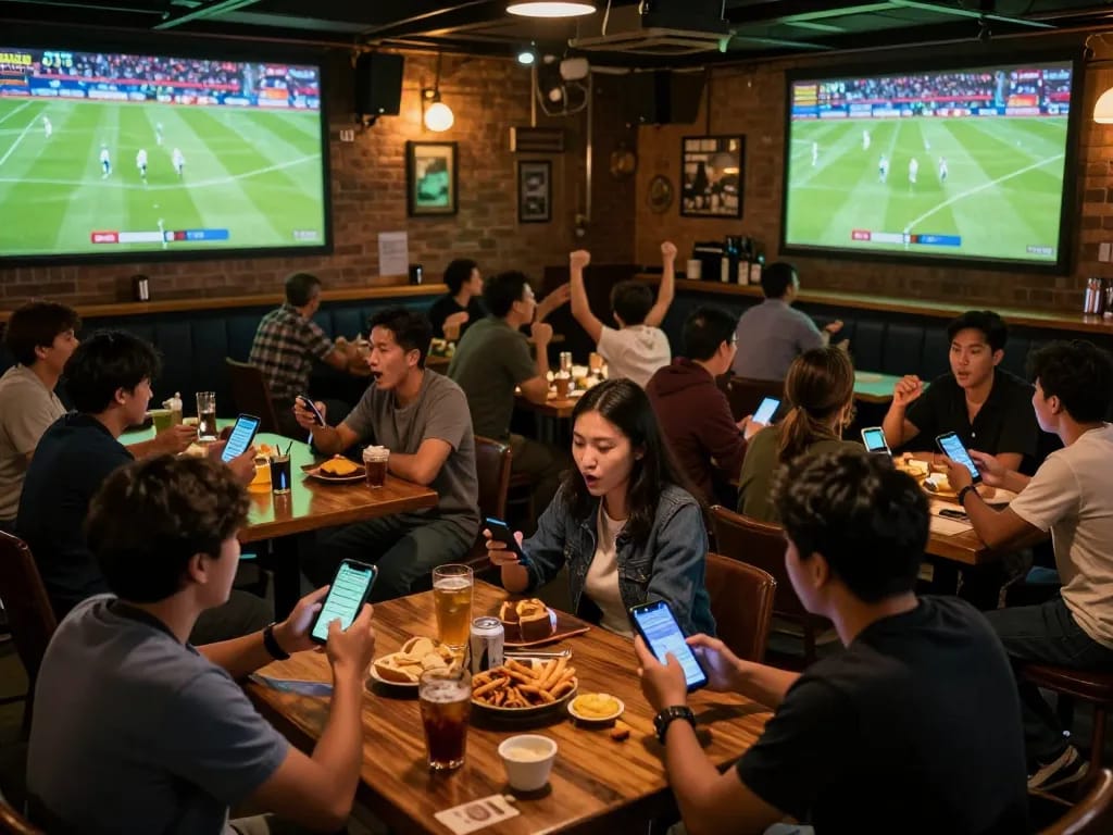 Engaged fans at a sports bar checking บ้านผลบอล7m for live betting and match updates.
