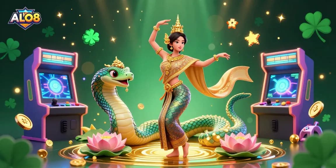 Engage with ALO8's vibrant gambling experience featuring a Thai dancer, Naga serpent, and arcade elements.