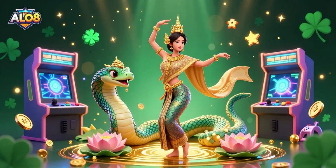 Engage with ALO8's vibrant gambling experience featuring a Thai dancer, Naga serpent, and arcade elements.