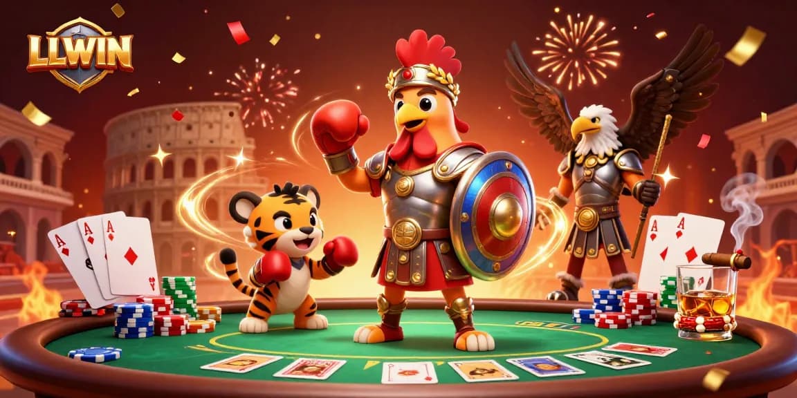 Experience the excitement at LLWIN's dynamic gaming scene featuring casino characters and high-stakes poker action.