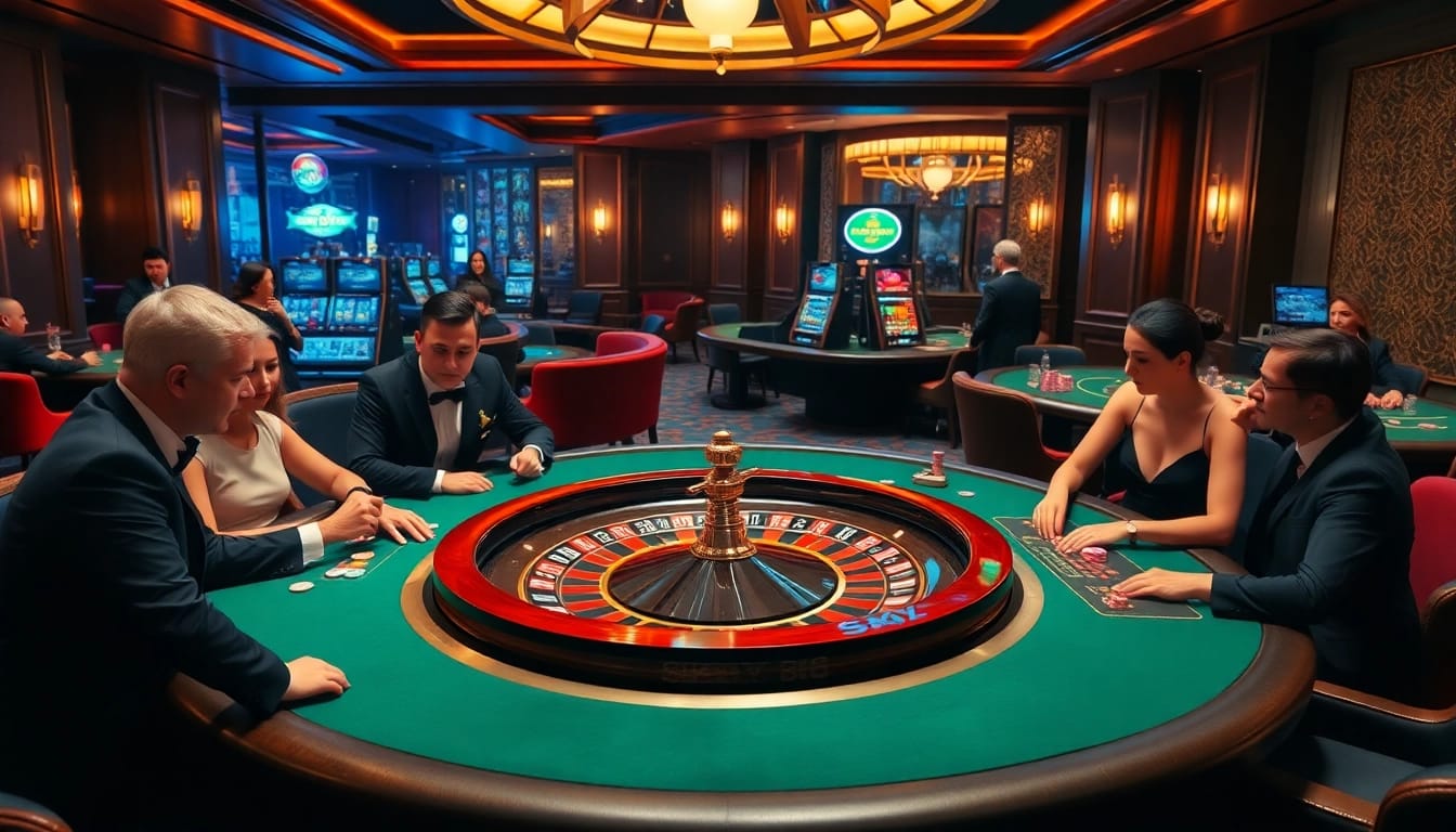 Exciting poker game at SKY88 casino with players and luxury poker chips.