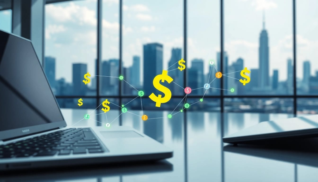 Découvrez l'actualité de la finance décentralisée avec des symboles monétaires dynamiques et un environnement technologique.