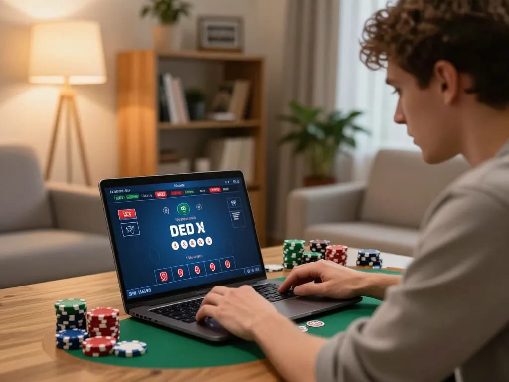 Player enjoying SC88 poker game online on laptop in a cozy home setting
