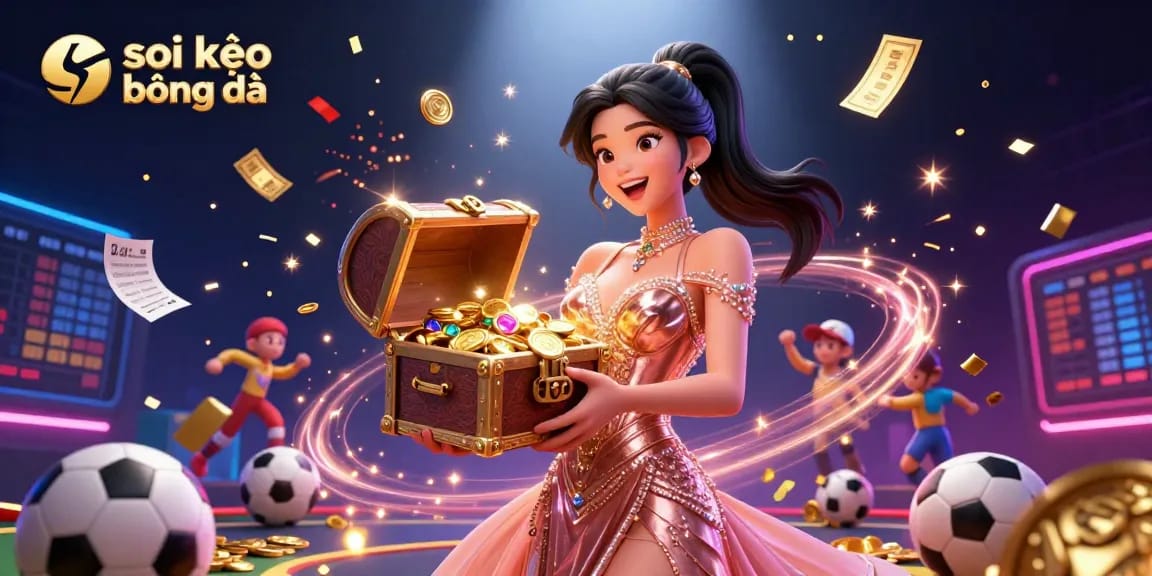 Spark excitement in soi kèo bóng đá with a joyful Asian woman revealing treasures, surrounded by dynamic sports betting elements.