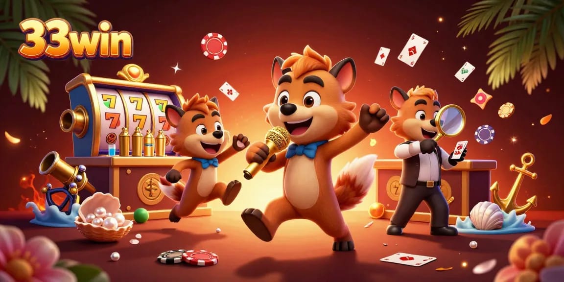 Experience the casino excitement with 33win as hyenas enjoy slots and comedic antics in a vibrant setting.