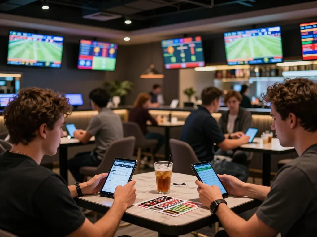 TOPBET bettors engaging with live odds in a stylish sports betting lounge.