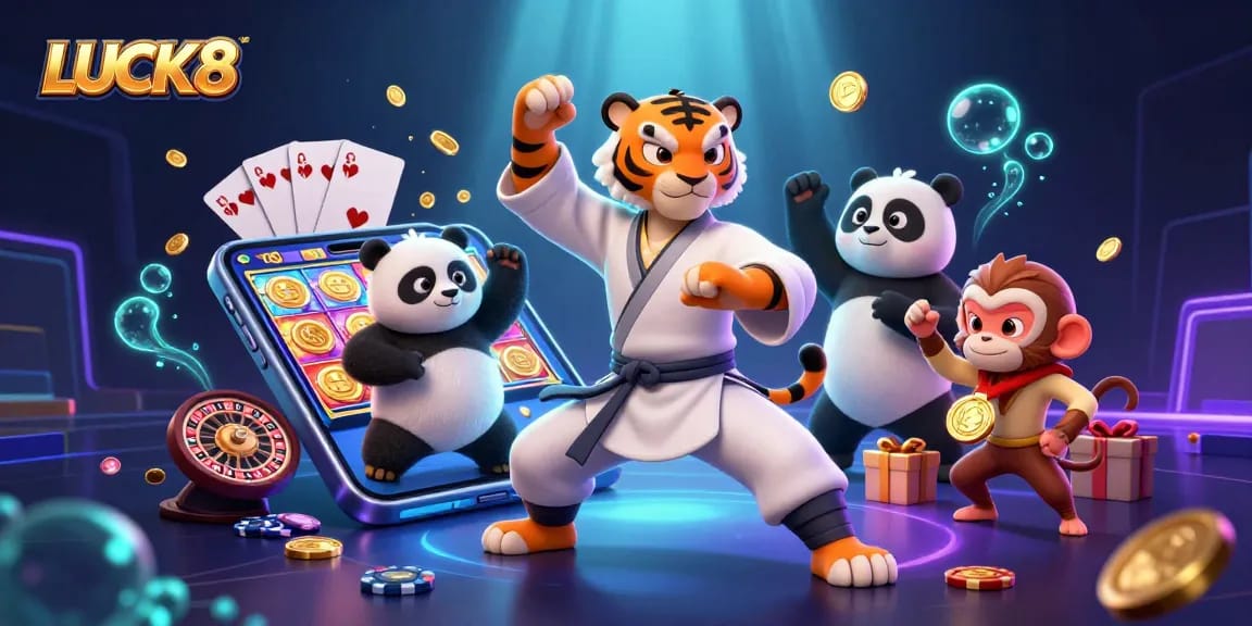 LUCK8 showcases a vibrant scene with a tiger master and playful characters in a dynamic casino setting.
