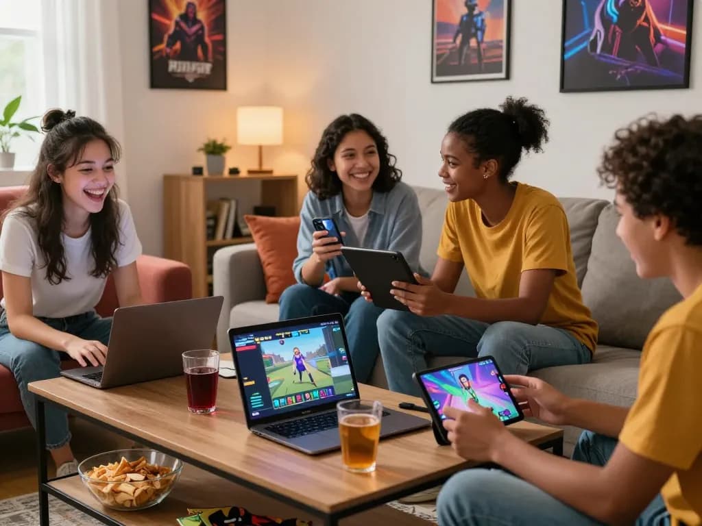 Friends enjoying a porn game online in a cozy living room, highlighting interactive gaming fun.