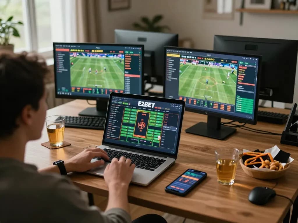 E2BET user placing live bets on a smartphone while engaged in a strategic sports betting session at home