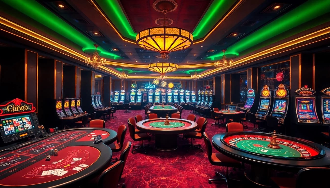 A vibrant casino experience at FLY88 Trang Chủ, showcasing poker tables and slot machines.