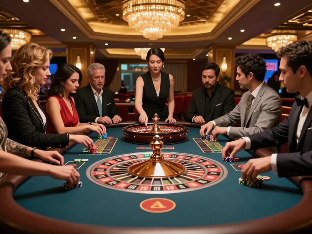 A thrilling moment at a roulette table showcasing diverse players engaging in strategic betting at https://mb668.co/ in a luxurious casino environment.