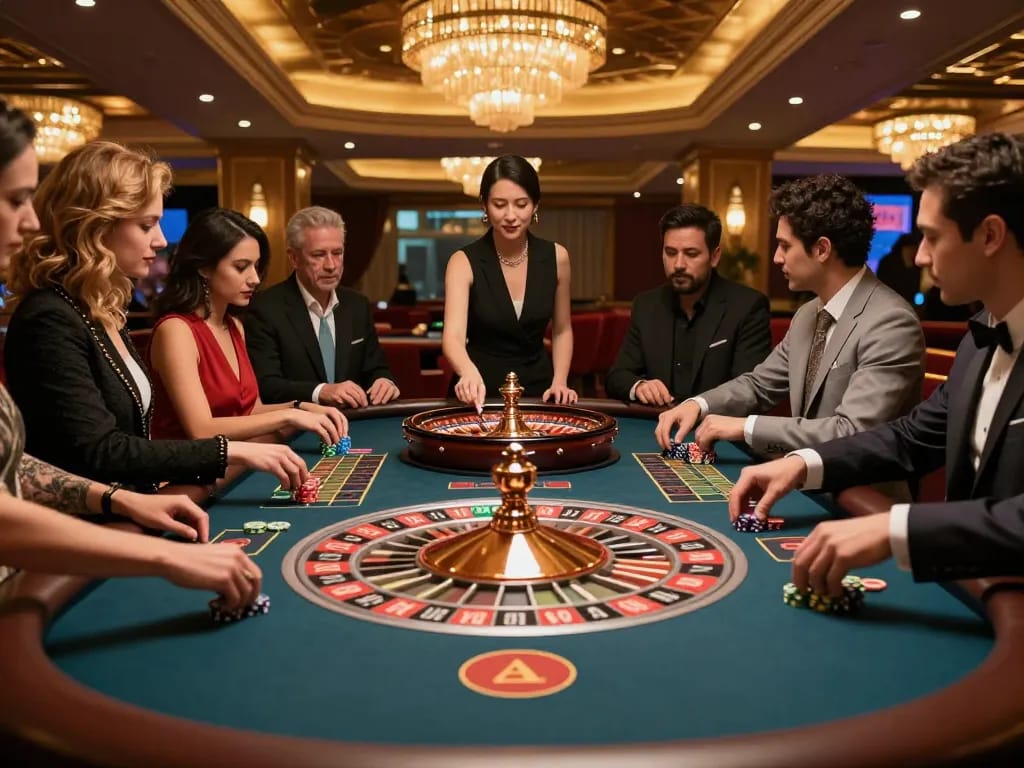 A thrilling moment at a roulette table showcasing diverse players engaging in strategic betting at https://mb668.co/ in a luxurious casino environment.
