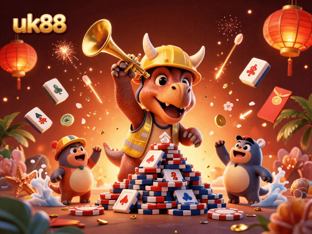 Engage in exciting gameplay with uk88 as cheerful dinosaurs celebrate gaming wins!