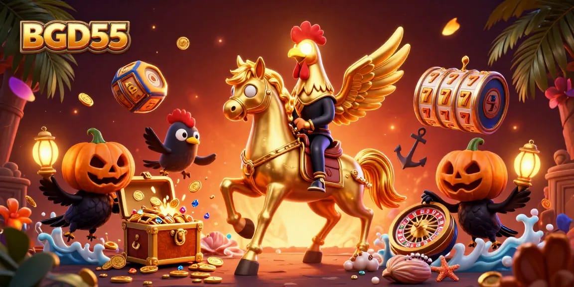BGD55 offers thrilling casino action with slots and golden rooster in a vibrant 3D scene.