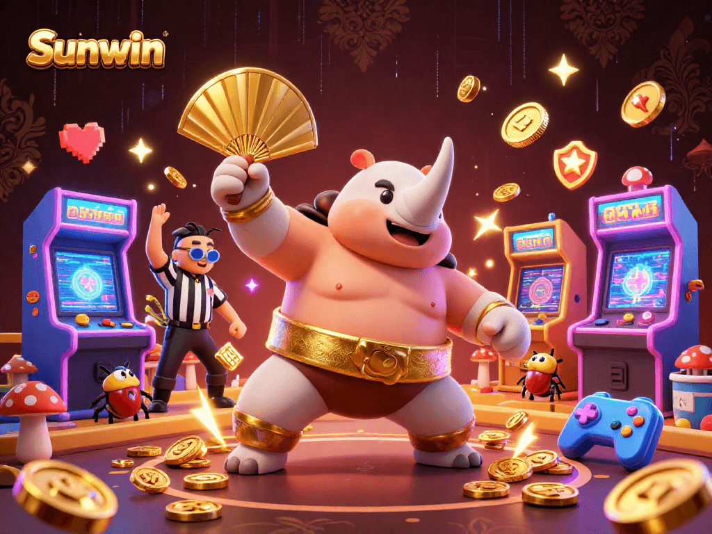 Join the excitement at Sunwin with a vibrant casino scene featuring a beetle champion and colorful arcade elements.