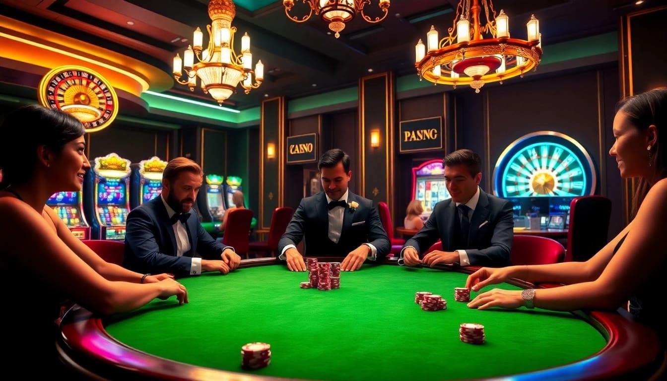 Zing88 poker players at a luxurious casino table with vibrant lights and high-quality chips.