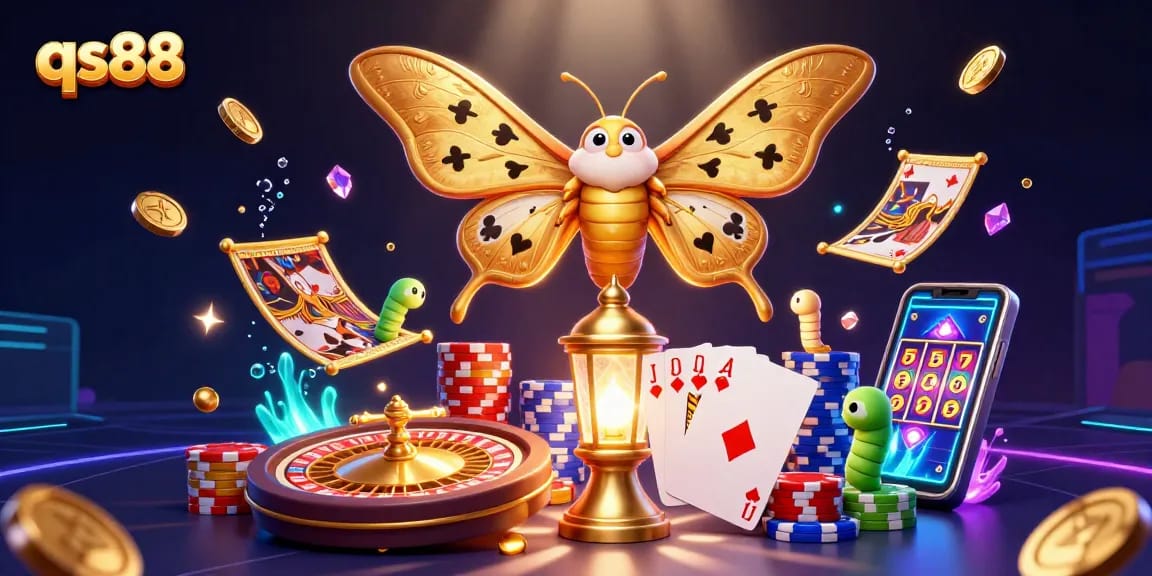 Experience thrilling wins with qs88 in this vibrant casino illustration full of dynamic game elements.