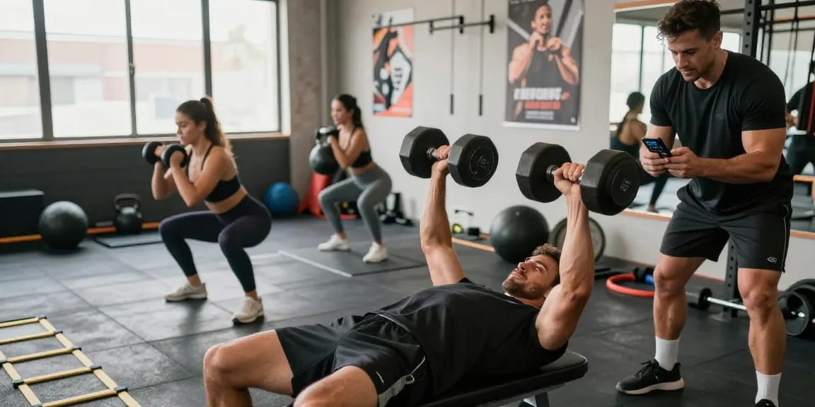 Ein Anabolika Shop mit Bodybuildern im Fitnessstudio, die Gewichte heben und trainieren.
