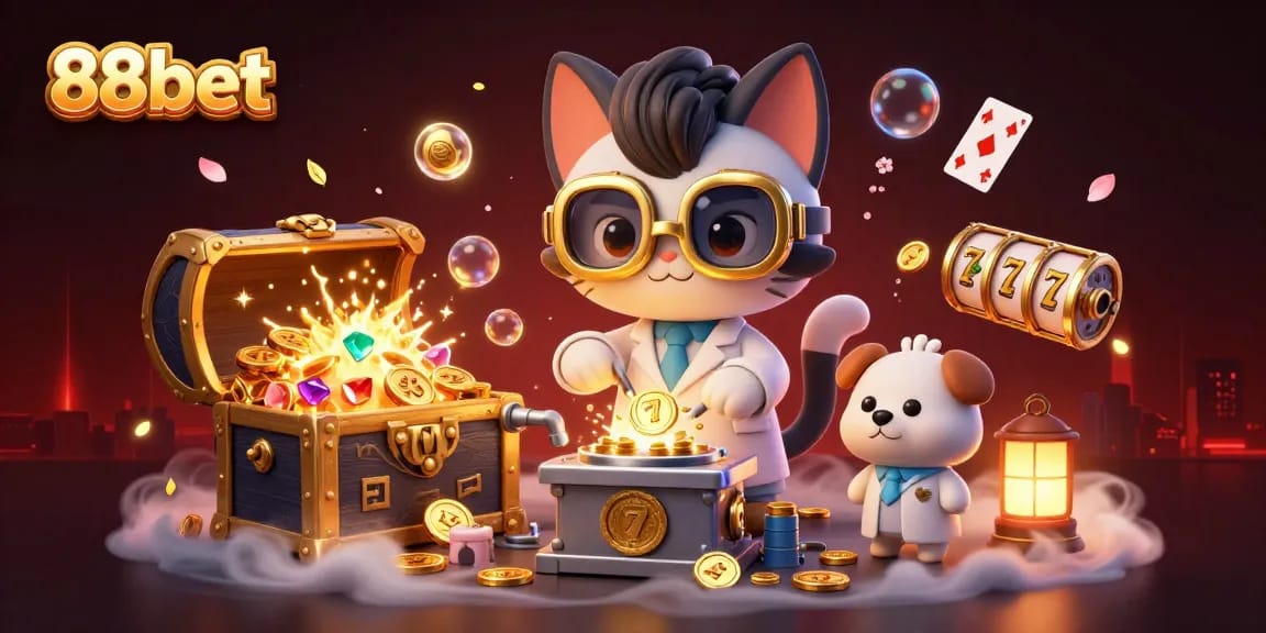 Spin the reels and win at 88bet, where colorful gems and gold coins create an exciting casino atmosphere.