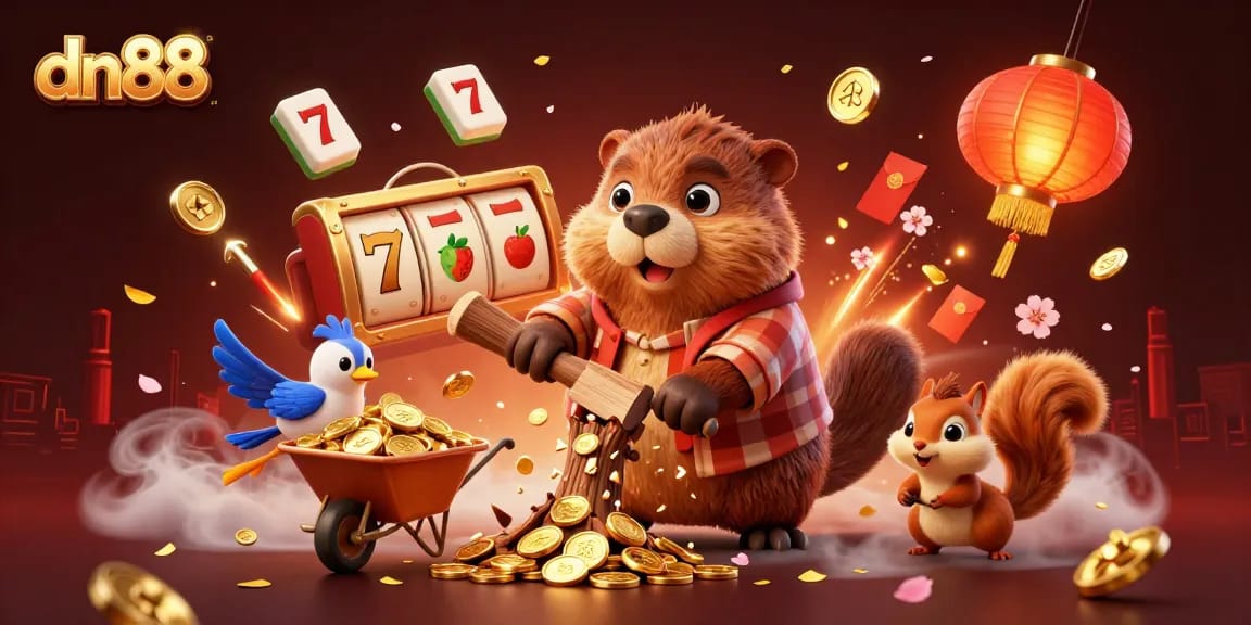 Experience the excitement with dn88 as playful characters revel in golden coin rewards from dynamic slot game scenes.