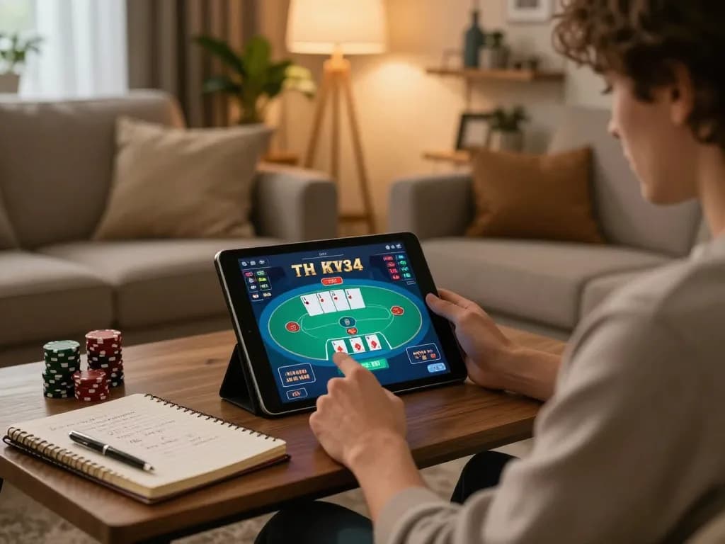 Engaging in poker at home with casino 33win on tablet, cozy setup focusing on responsible gambling.