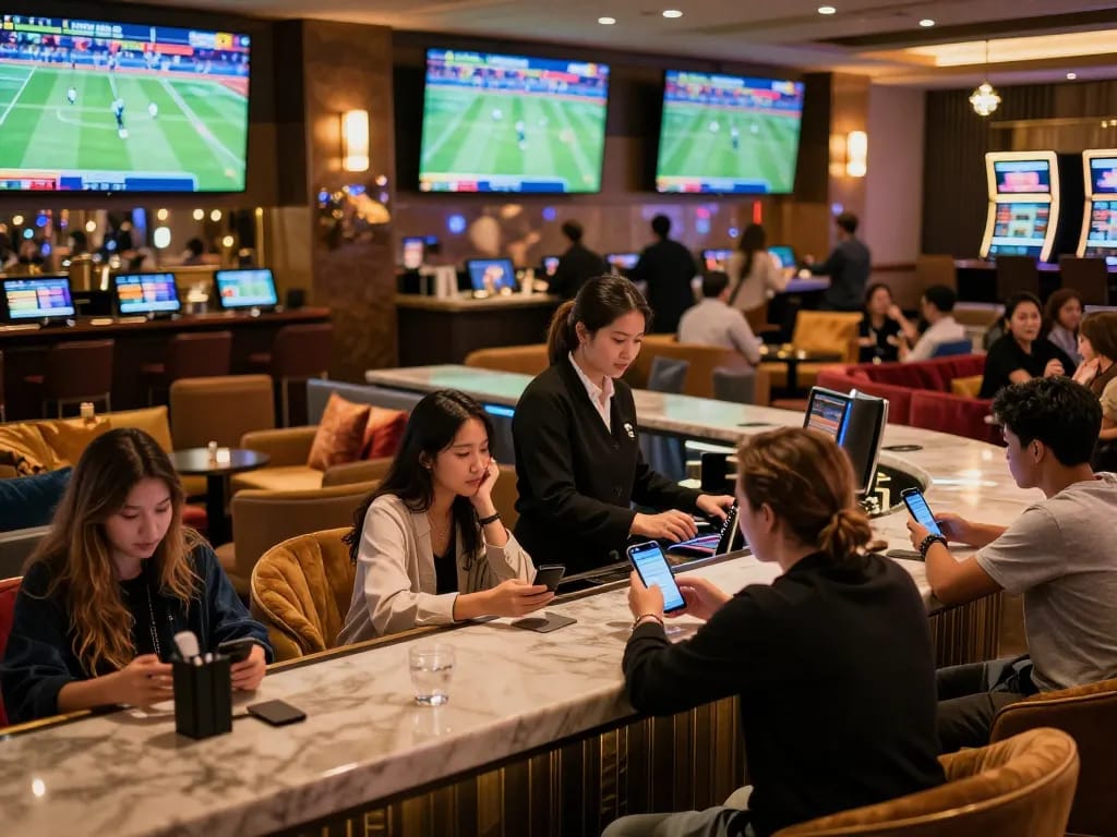 Tỷ lệ kèo nhà cái hôm nay displayed as sports fans engage with betting apps in a luxurious lounge.
