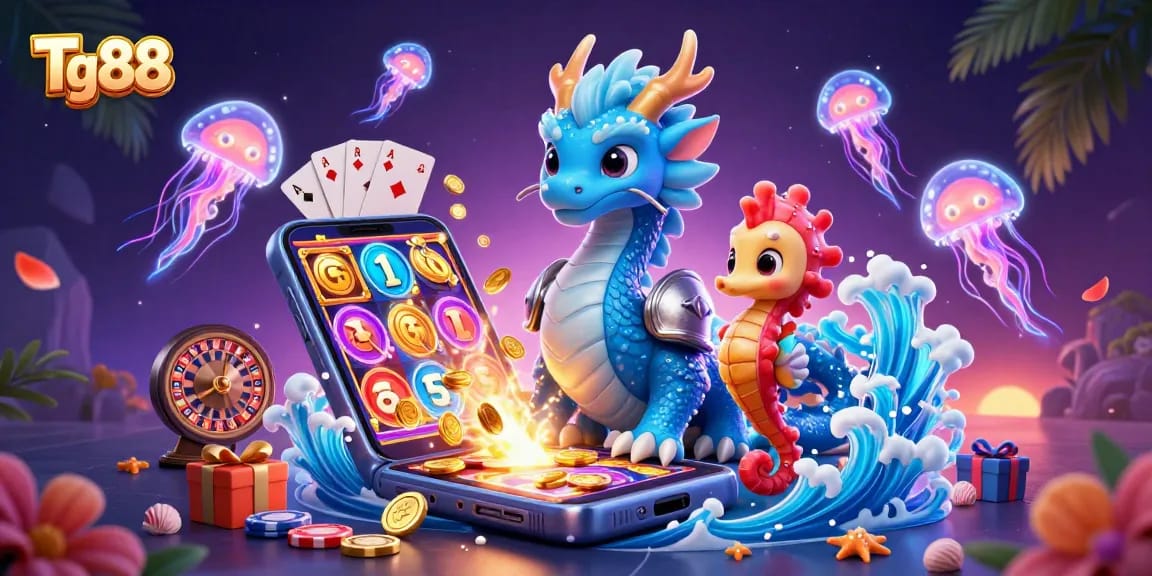 Tg88 players enjoy dynamic gaming with colorful slot games, floating neon jellyfish, and magical characters.