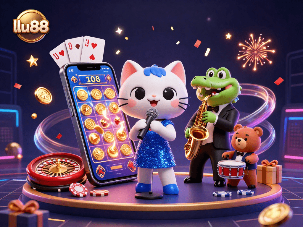 Join the fun at lu88 with an extravagant casino performance featuring a singing cat, saxophone crocodile, and drum-playing bear.
