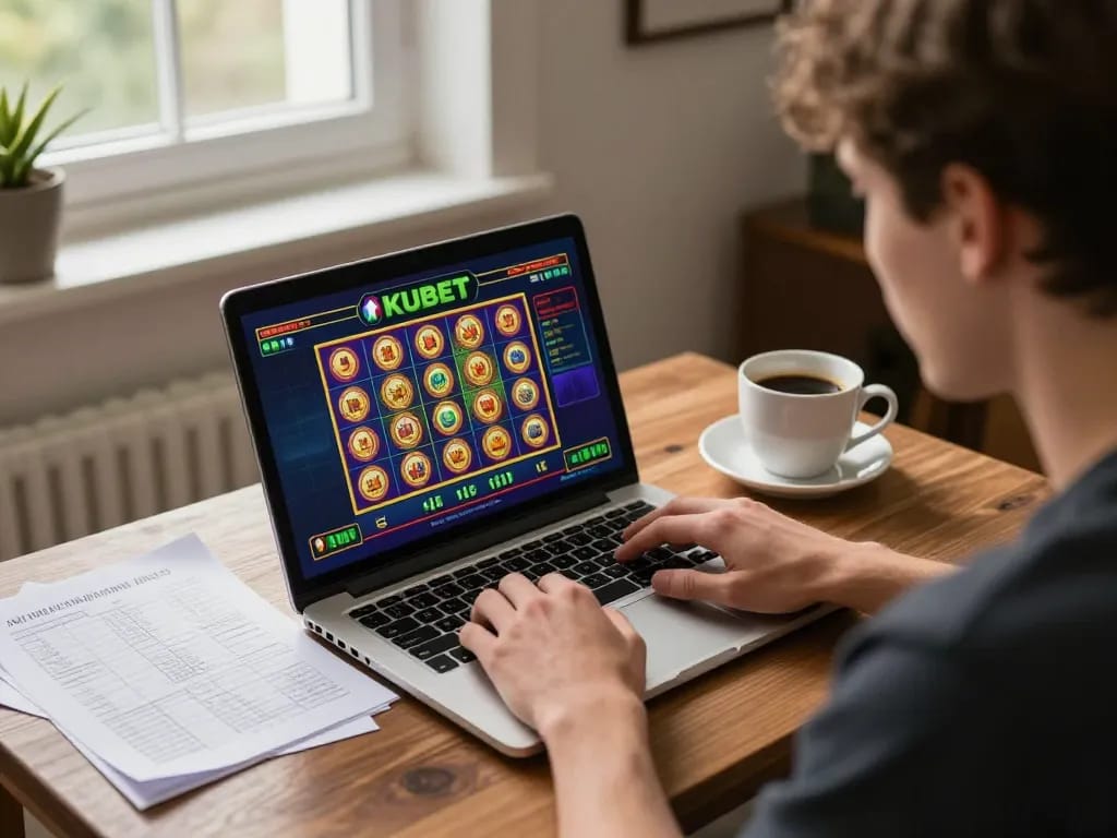KUBET online gaming with a player focused on slot strategies in a cozy home setup