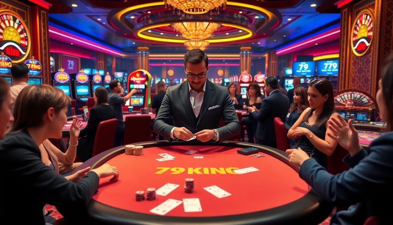 Engaged players at the 79KING casino table, showcasing excitement in a sophisticated gaming environment.