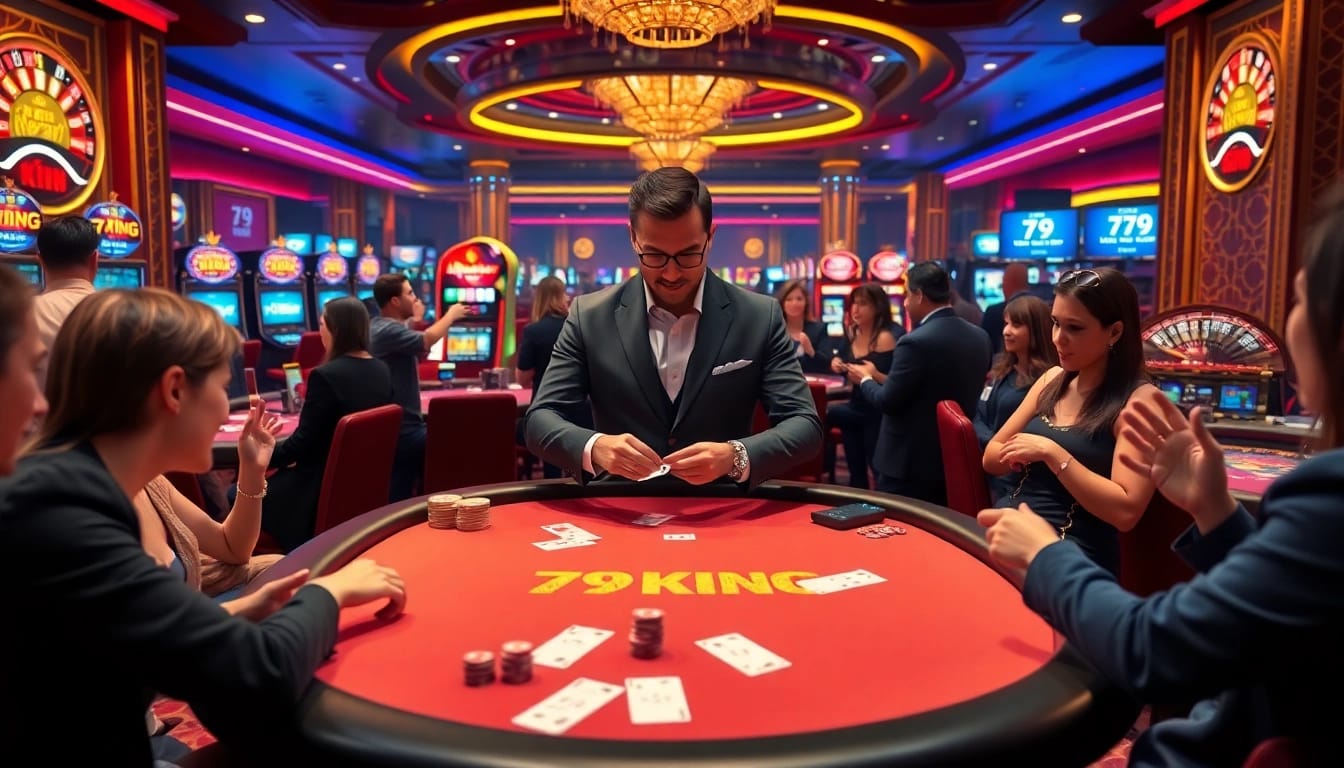 Engaged players at the 79KING casino table, showcasing excitement in a sophisticated gaming environment.