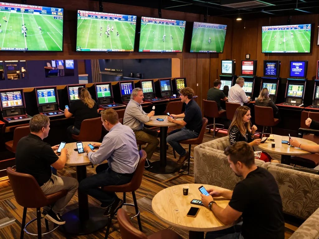 Engaging in แทงบอล at a lively sportsbook with friends and screens showing live matches