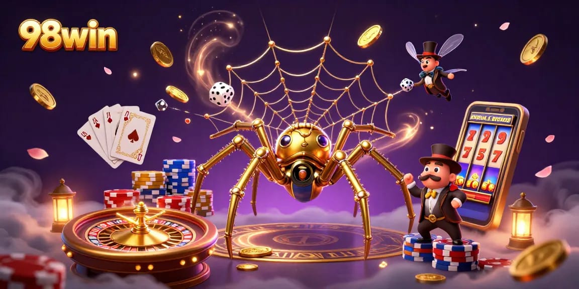 98win spins exciting gaming adventures with a steampunk twist, showcasing golden spider and animated casino elements.