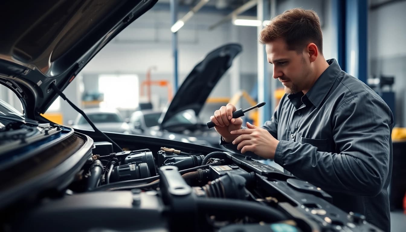Motorschaden Ankauf Prozess mit Experten und beschädigtem Fahrzeug in einer gut beleuchteten Werkstatt.