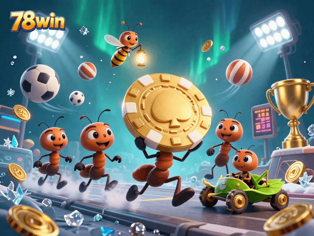 Win big with 78win in a vibrant casino heist depicted by ants racing with golden poker chips.
