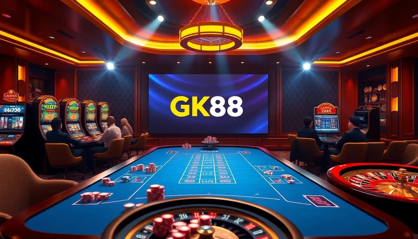 Experience thrilling gameplay at GK88, showcasing luxury gaming tables and vibrant slot machines.
