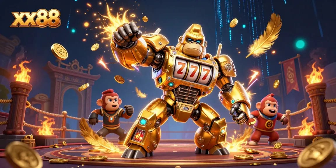 Engage in thrilling gameplay at xx 88 with explosive action from a golden gorilla mech.