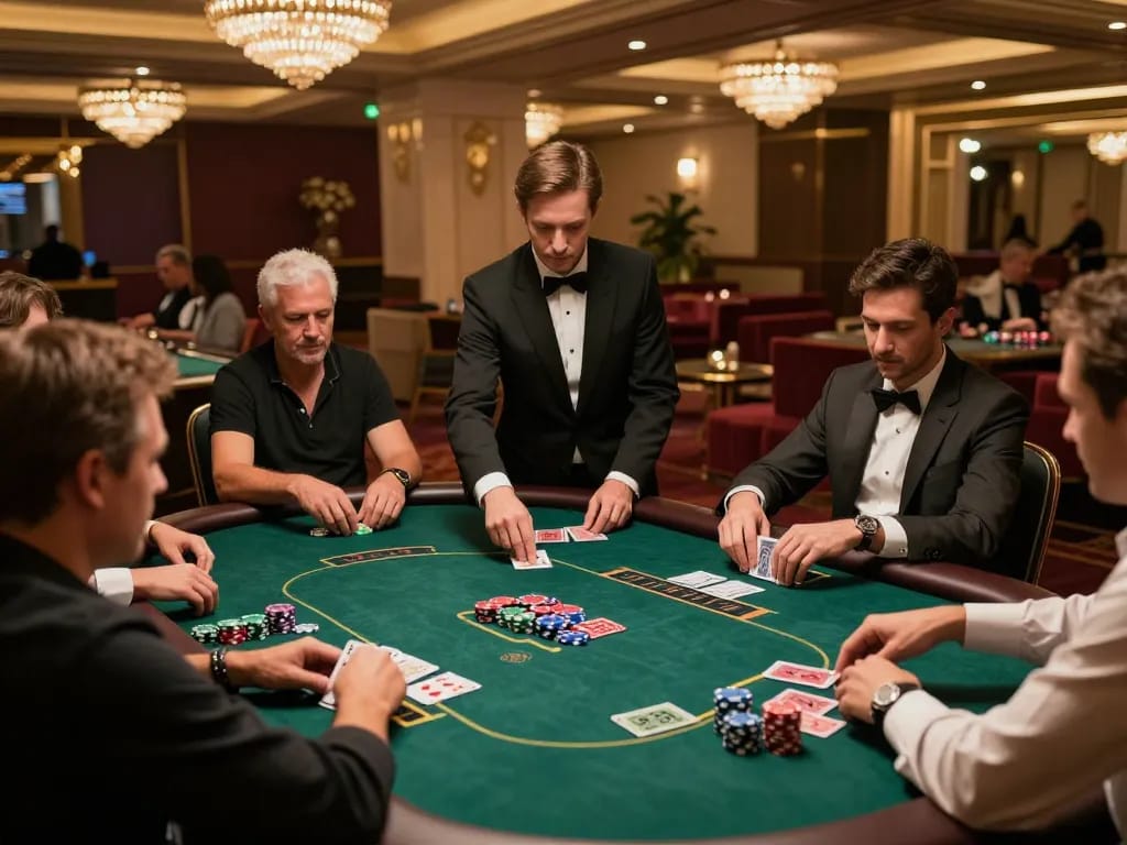 Players strategizing their moves during a high-stakes poker game at 98win9 casino.