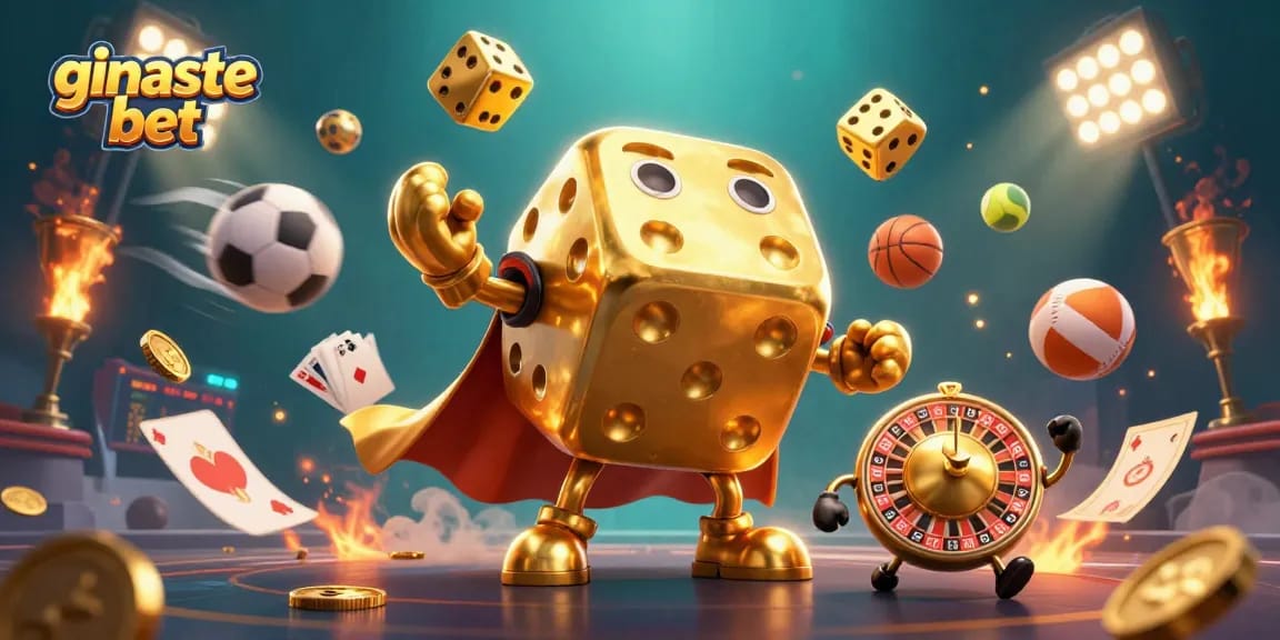 Engage in ginaste bet with a vibrant scene featuring golden dice and dynamic sports elements.